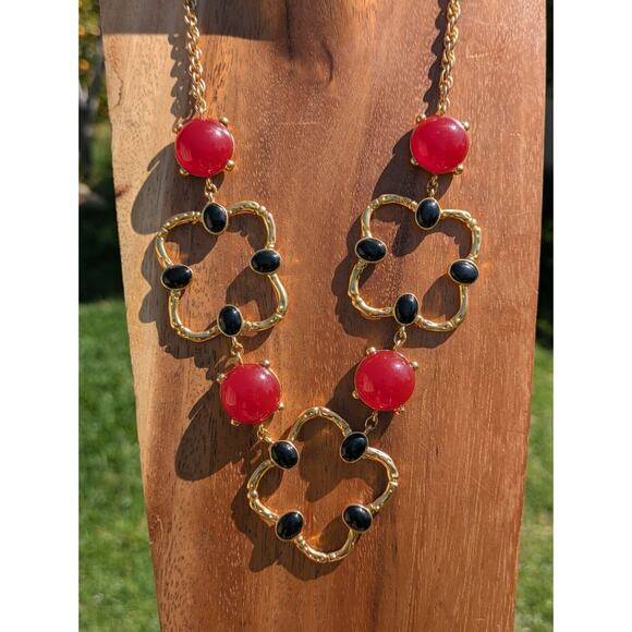 VTG Art Deco Coloured Black Red Beads Gold Tone Clover Statement Necklace Rare - Picture 3 of 12
